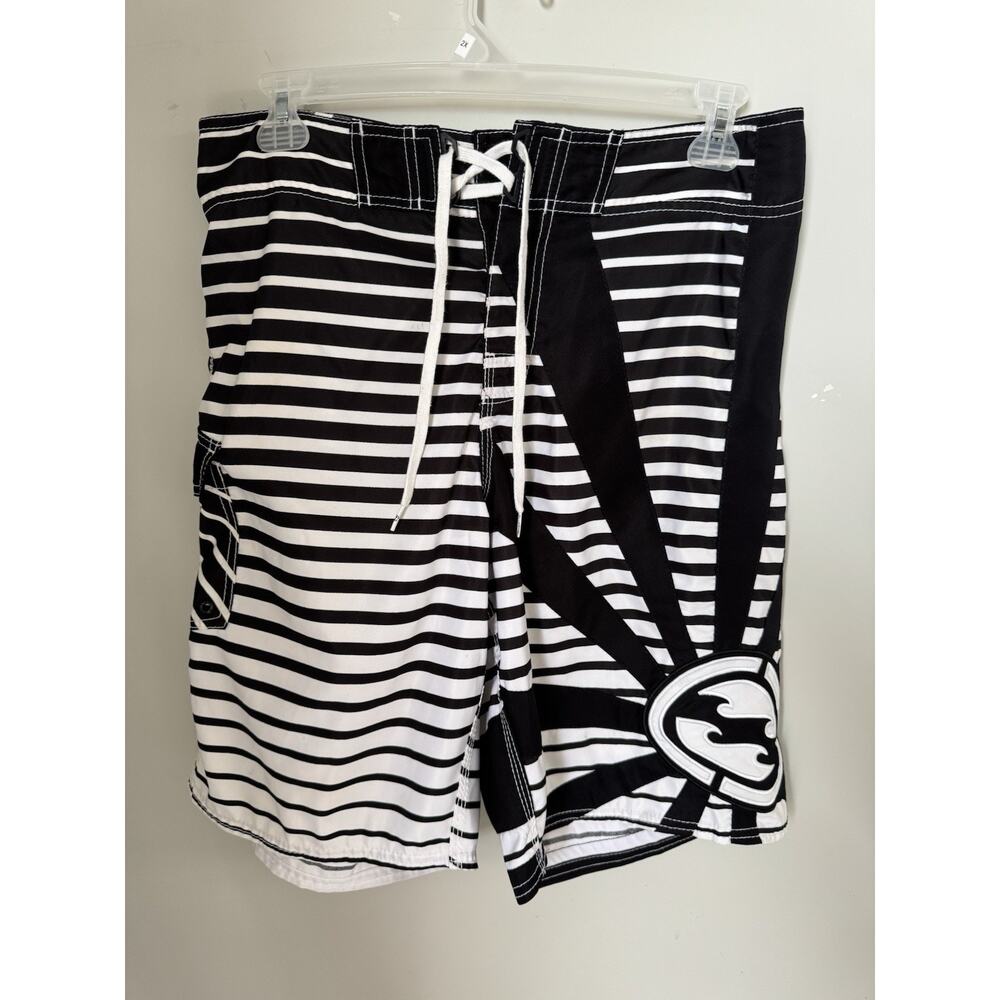 Billabong Andy Irons Rising Sun Board Shorts Sz 36 Black White Stripes Surf Y2K